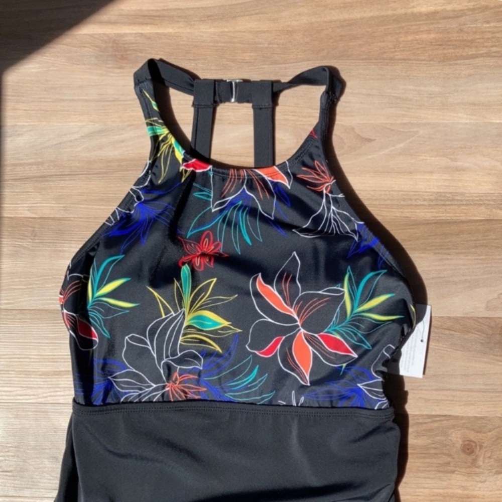 Ecobeach one piece swimsuit high neck black w floral printed swimsuit  L - Picture 4 of 17